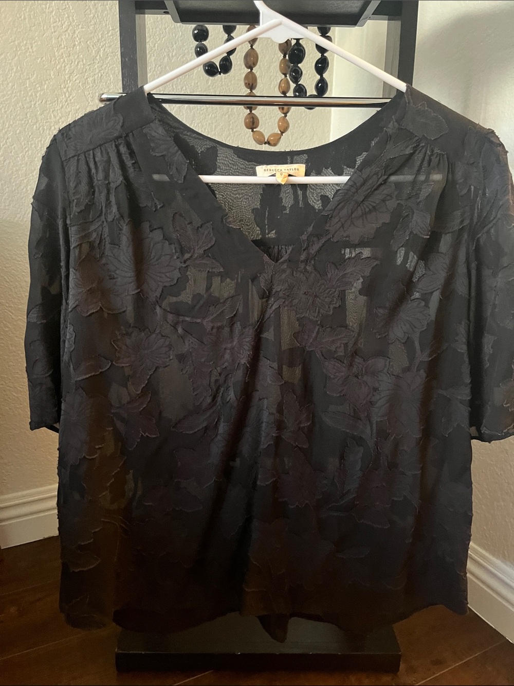 Rebecca Taylor Black Floral Appliqué Sheer V-Neck Blouse